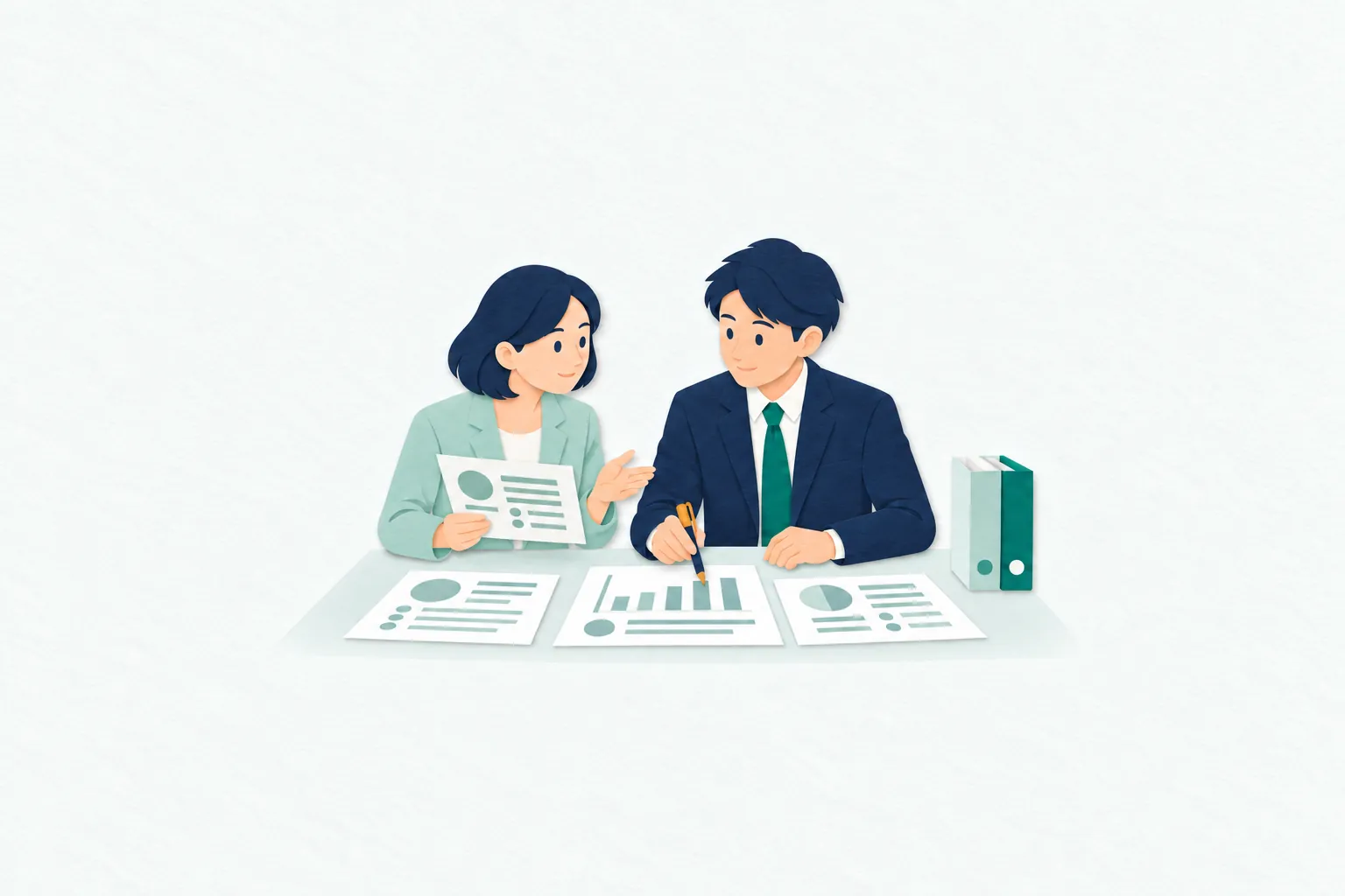 省庁の執務室で、男性の職員が統計グラフと政策資料を見比べ、女性の同僚と施策の内容を検討している。