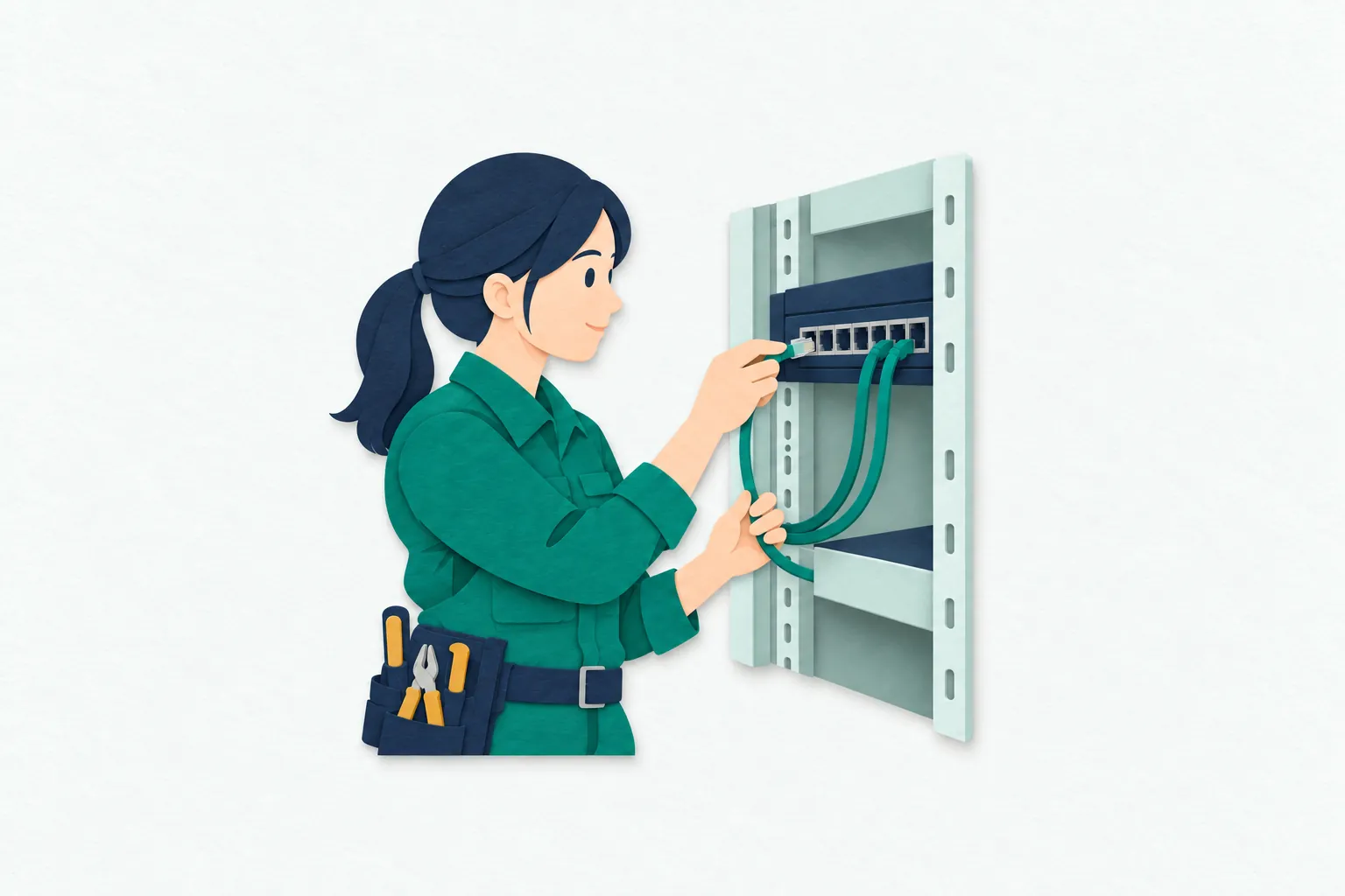 女性のネットワークエンジニアが、機器の接続口を確認しながら、通信ラックのスイッチにLANケーブルを接続している。