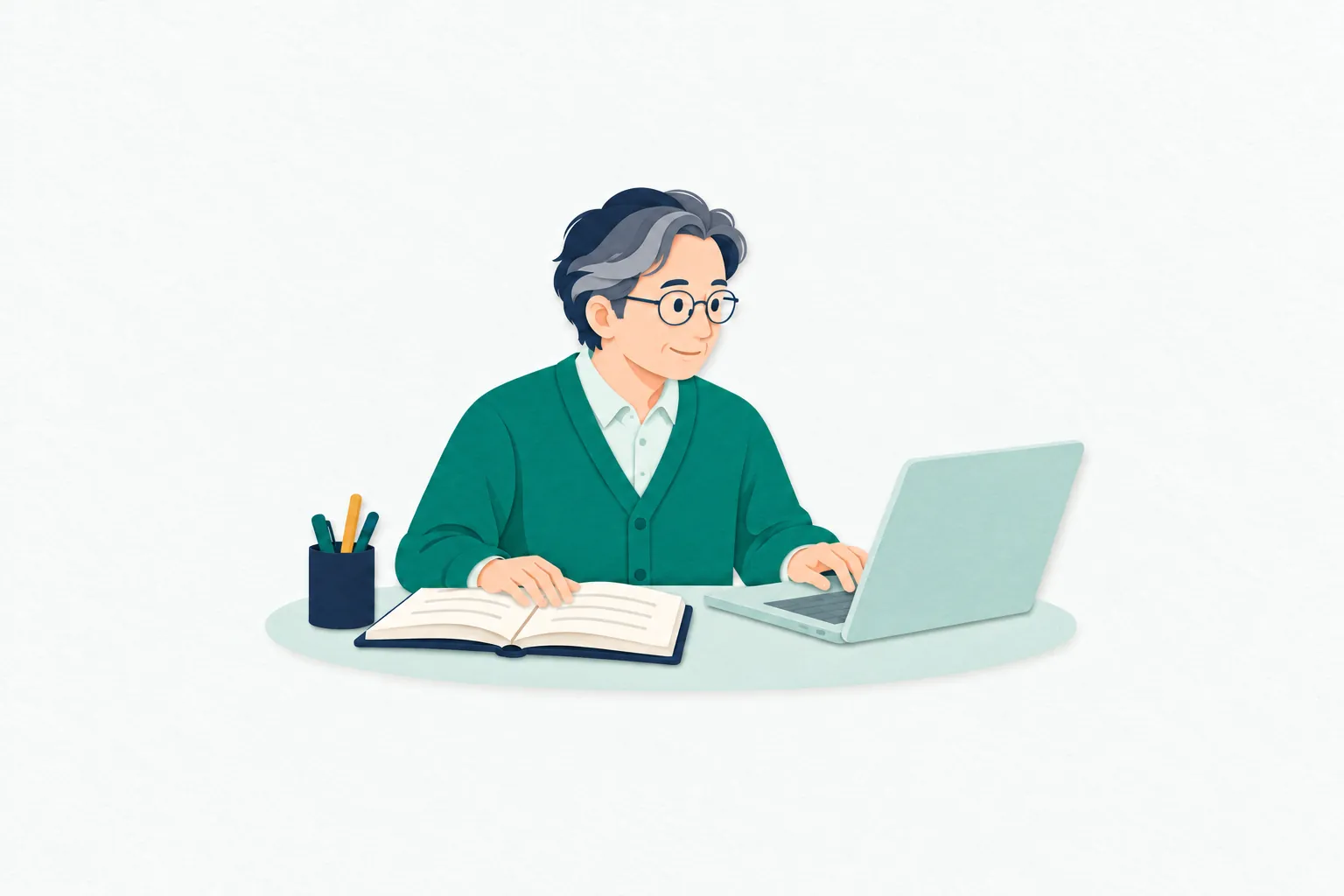 書斎で、男性の小説家がノートに書いた構想を見直しながら、キーボードで物語の続きを執筆している。