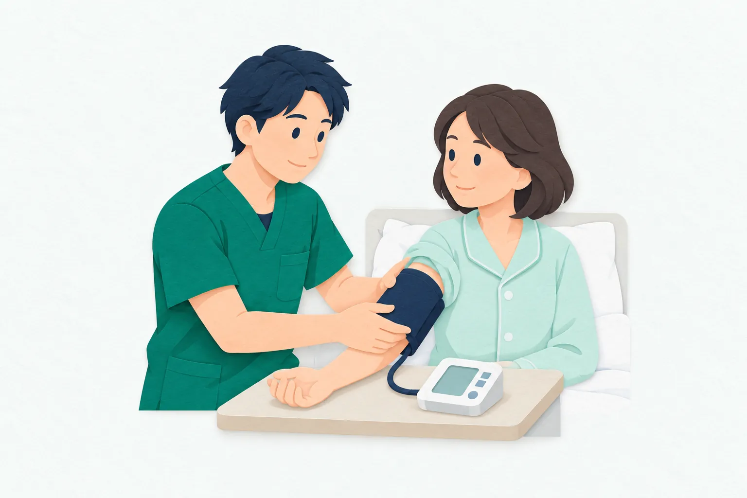 病棟で、30代の男性看護師が、ベッドに座る中年の女性患者の腕に血圧計を巻いている。患者に声をかけながら、腕の位置を確かめている。