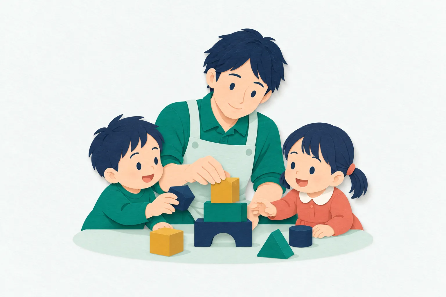 保育園の部屋で、20代の男性保育士が幼児二人と床に座り、積み木を重ねて遊んでいる。子どもたちは保育士の手元を見ながら積み木に手を伸ばす。