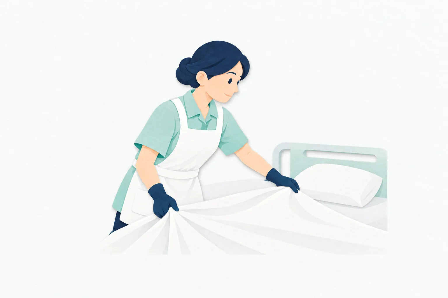 病室で、女性の看護助手が清潔なシーツを両手で広げ、空いたベッドの寝具を整えている。