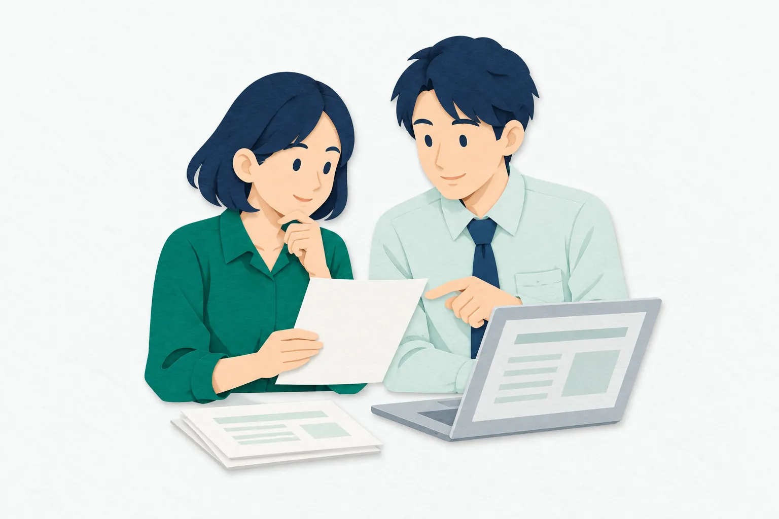 明るいオフィスで、20代の女性事務職員が、パソコンの画面と手元の書類を見比べている。横にいる同僚に書類を示し、内容を確認している。
