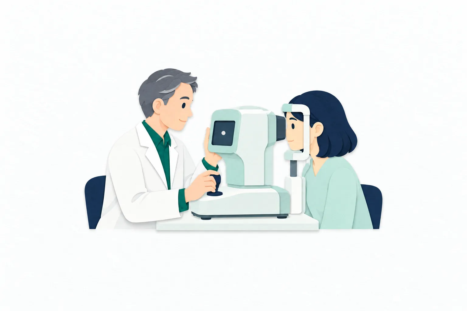 眼科の検査室で、男性の視能訓練士が卓上の視機能検査装置を調整し、女性の患者の目の検査を進めている。