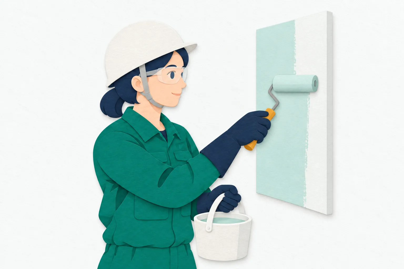女性の塗装工が、手袋と帽子を着け、水性塗料を含ませたローラーで壁面をむらなく塗り広げている。