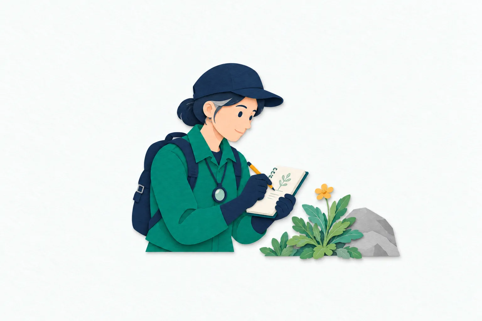国立公園の植生調査で、女性の自然保護官が低い植物を観察し、野帳に生育の様子を記録している。