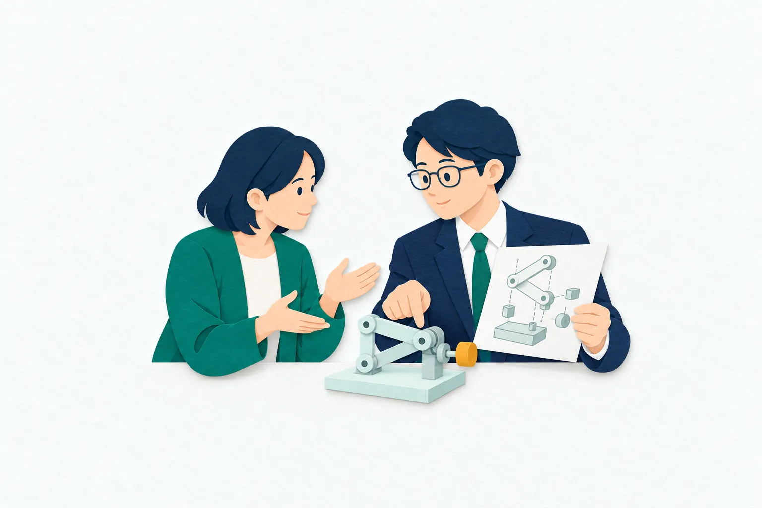 発明の相談で、男性の弁理士が小さな機構模型と図面を見比べ、女性の発明者と仕組みの特徴を確かめている。