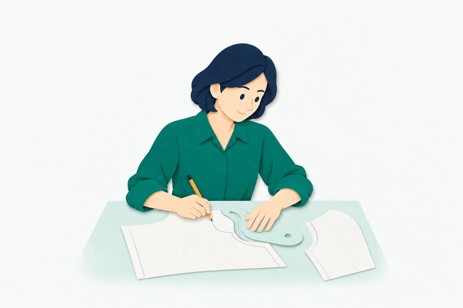 制作机で、女性のパタンナーが服の型紙に定規を当て、鉛筆で袖ぐりの曲線を整えながら形を確認している。