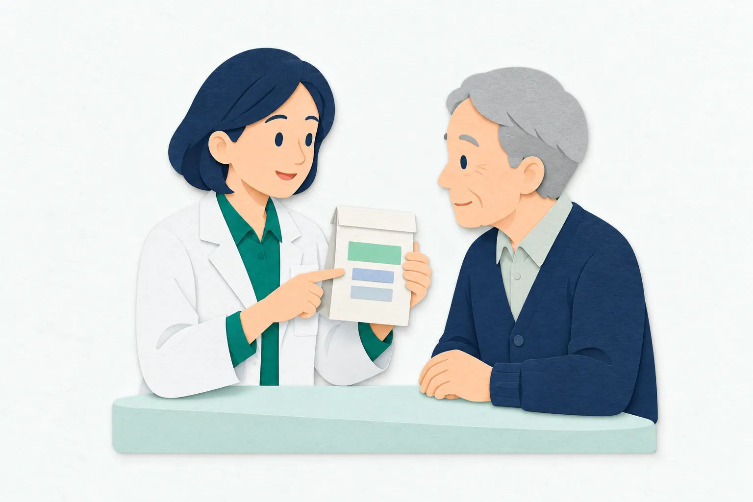調剤薬局のカウンターで、40代の女性薬剤師が、高齢の男性客に薬の袋を見せながら、飲み方を説明している。男性客は袋を見て話を聞いている。