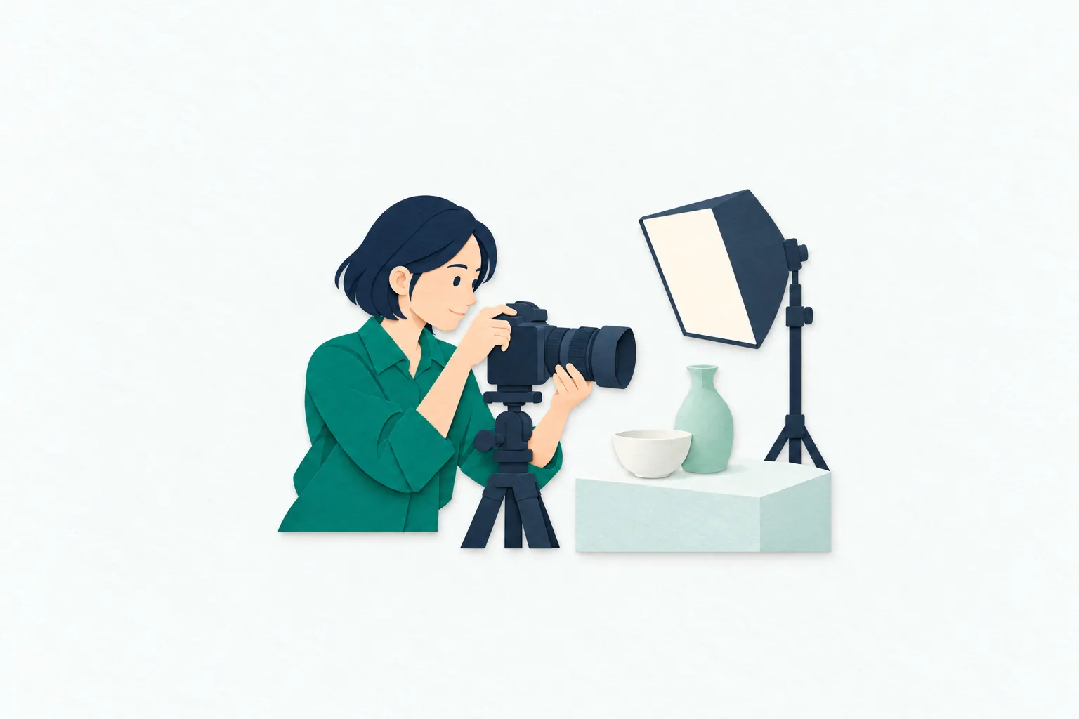 撮影スタジオで、女性の写真家が三脚に据えたカメラを調整し、照明を当てた陶器の器を商品撮影している。