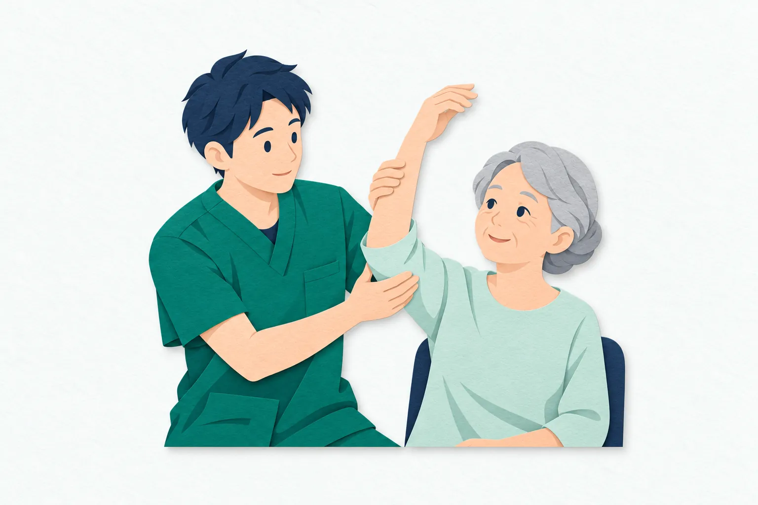リハビリテーション室で、男性の理学療法士が、高齢の女性の腕を支えながら肩を動かす練習を手伝っている。二人は腕の動きを確かめている。