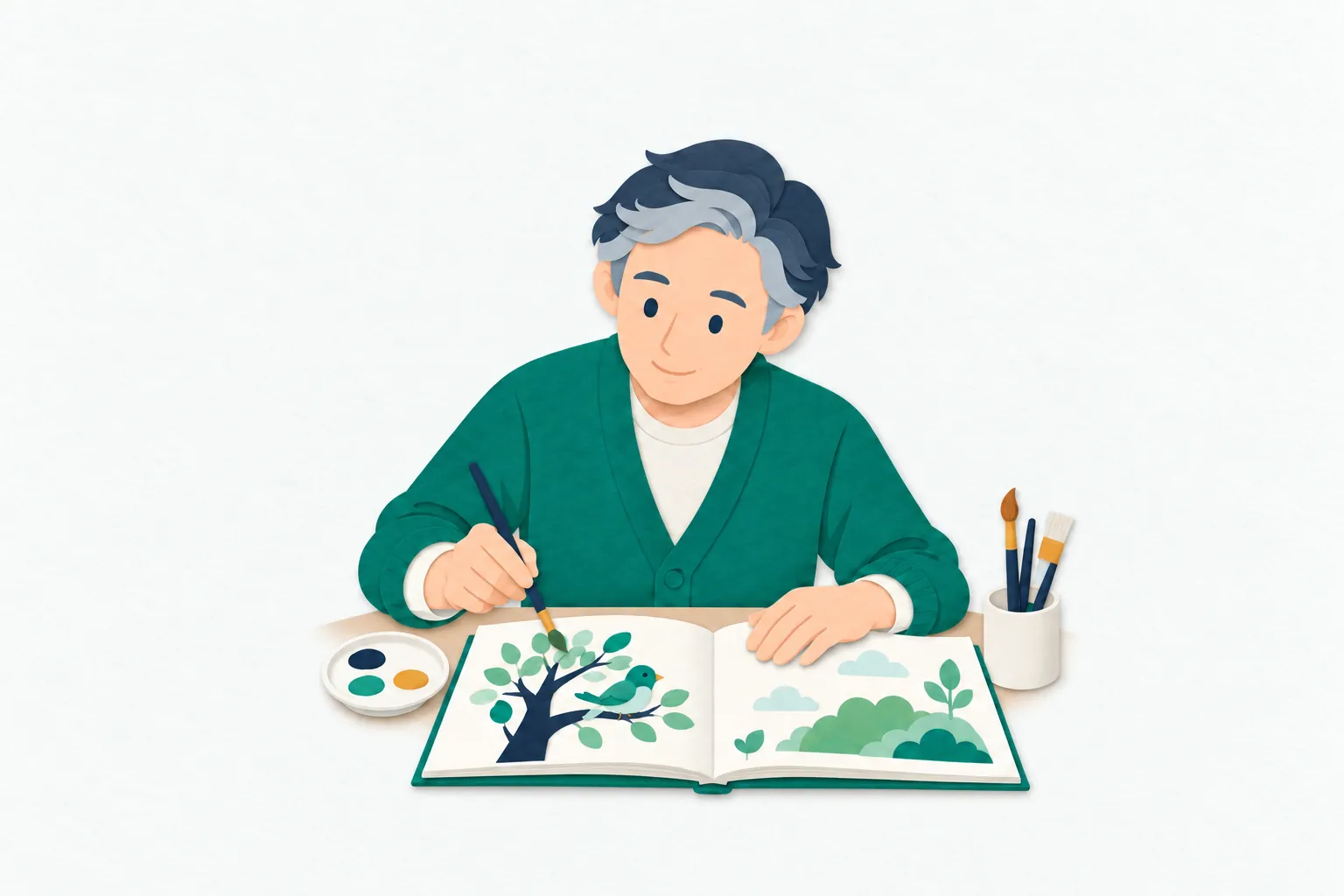 制作机で、男性の絵本作家が見開きのラフに木と小鳥の絵を描き、隣のページ案と見比べながら物語の流れを考えている。