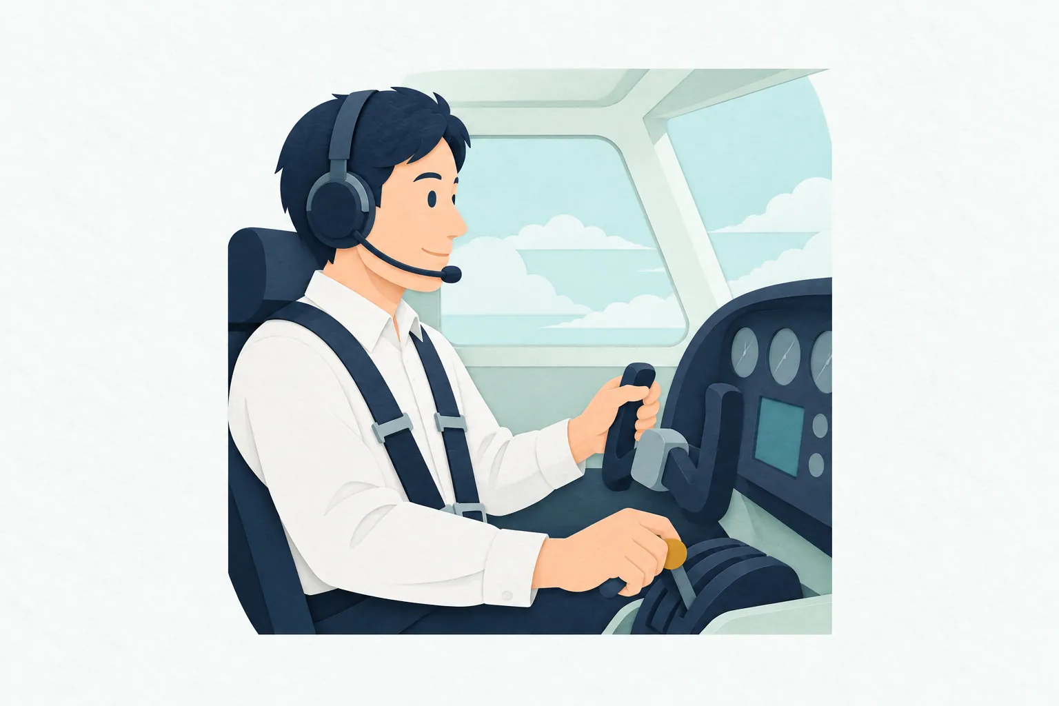 明るい飛行機の操縦席で、男性のパイロットが、前方と計器を確かめながら操縦している。ヘッドセットをつけ、手を操縦桿とスロットルに添えている。
