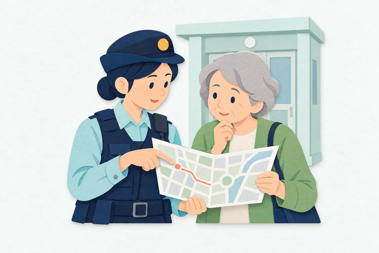 交番の前で、30代の女性警察官が、道に迷った高齢の女性に地図を見せ、目的地へ向かう道を指さしながら案内している。