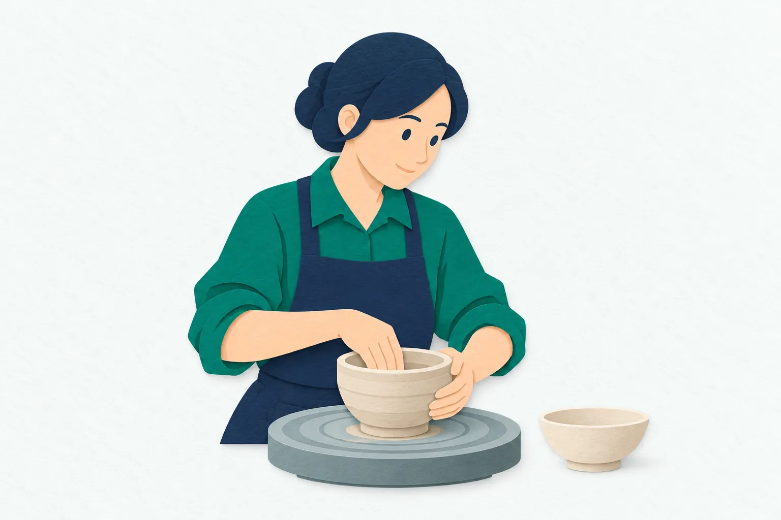 工房で、女性の陶芸家がろくろの上で回る粘土に両手を添え、器の口と側面を少しずつ整えている。
