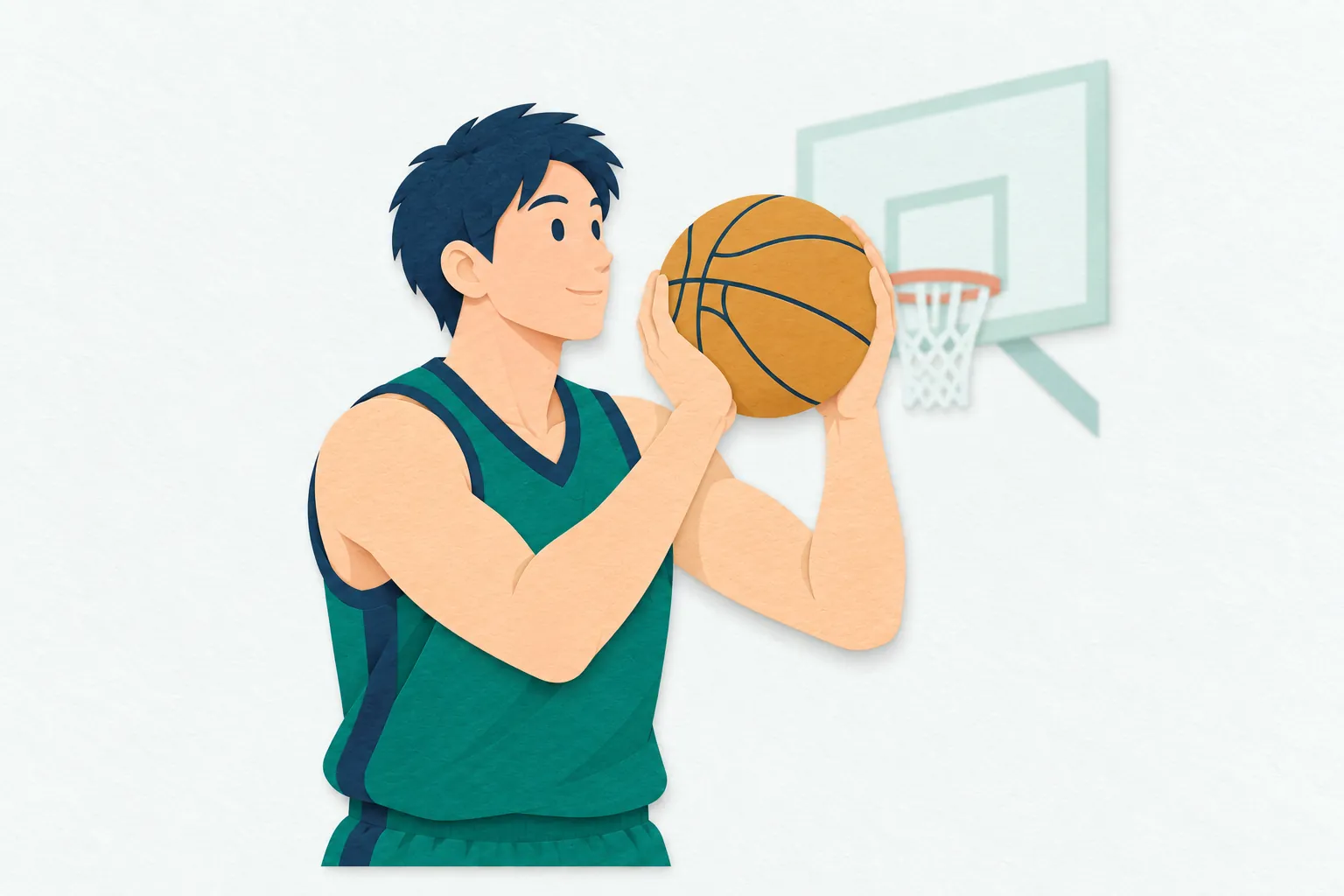 屋内のバスケットボール練習場で、男性のプロスポーツ選手が、ボールを両手で構えてシュートを打とうとしている。視線を前方に向け、姿勢を整えている。