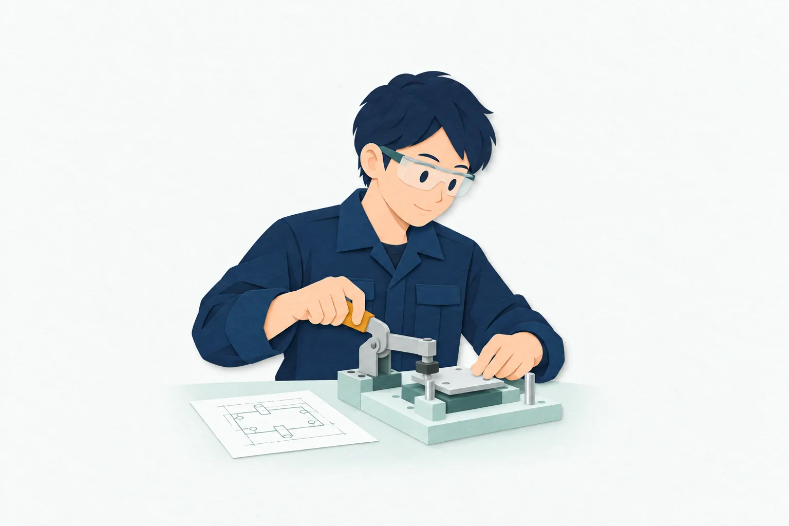工場の開発スペースで、男性の生産技術者が組み立て用の治具に部品を置き、作業しやすい位置や固定方法を確かめている。