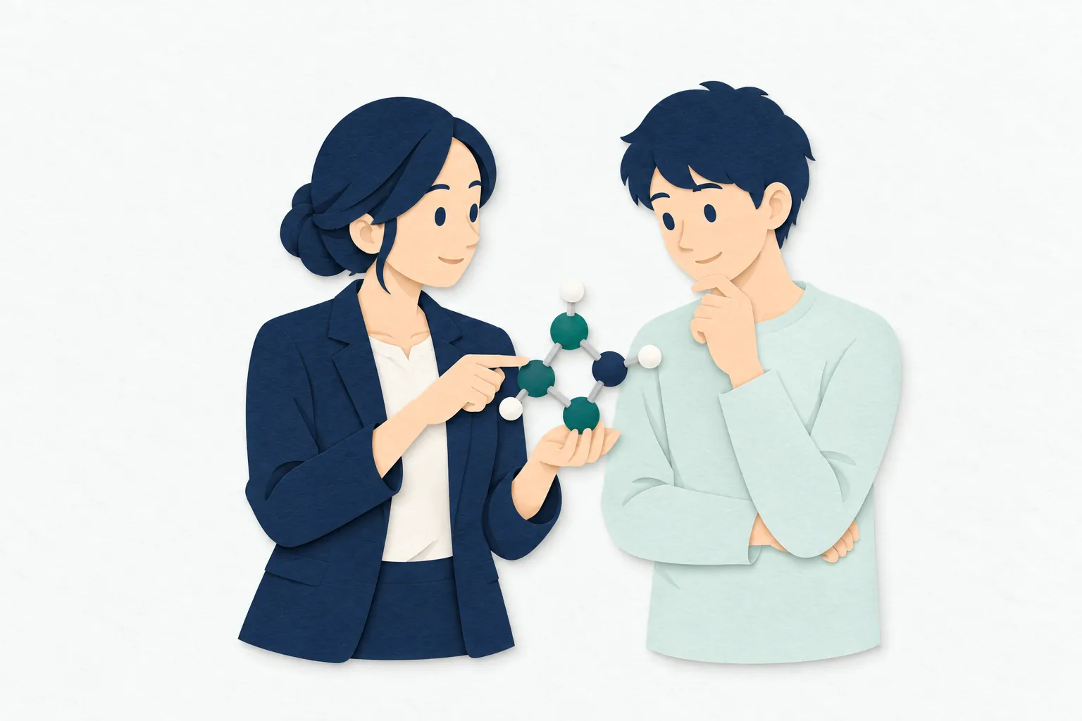 大学の演習室で、女性の教員が分子模型を手に持ち、学生に立体的な構造を説明している。