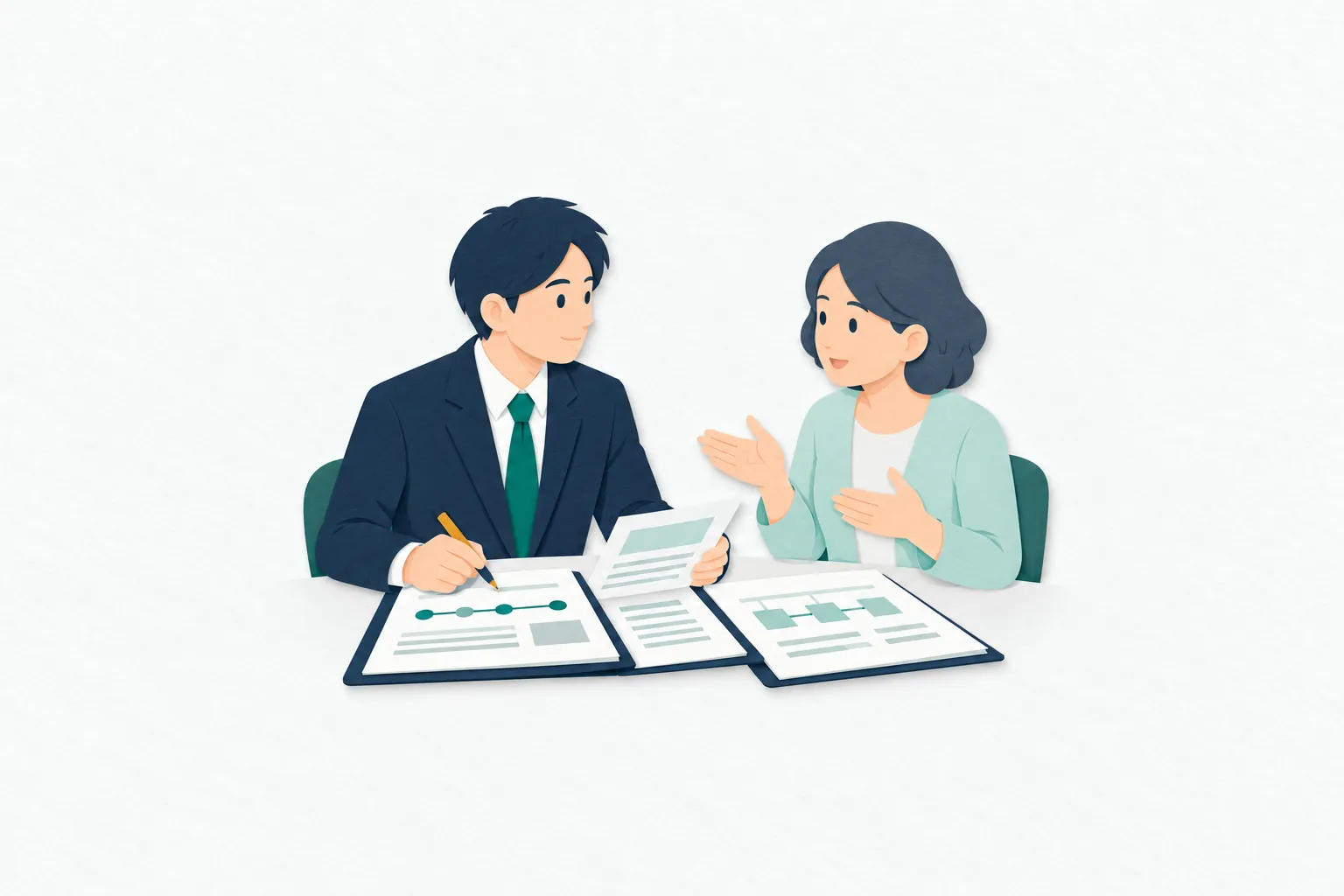 執務室で、男性の検察官が事件関係の資料を見比べ、関係者の話を聞きながら確認事項を書き留めている。