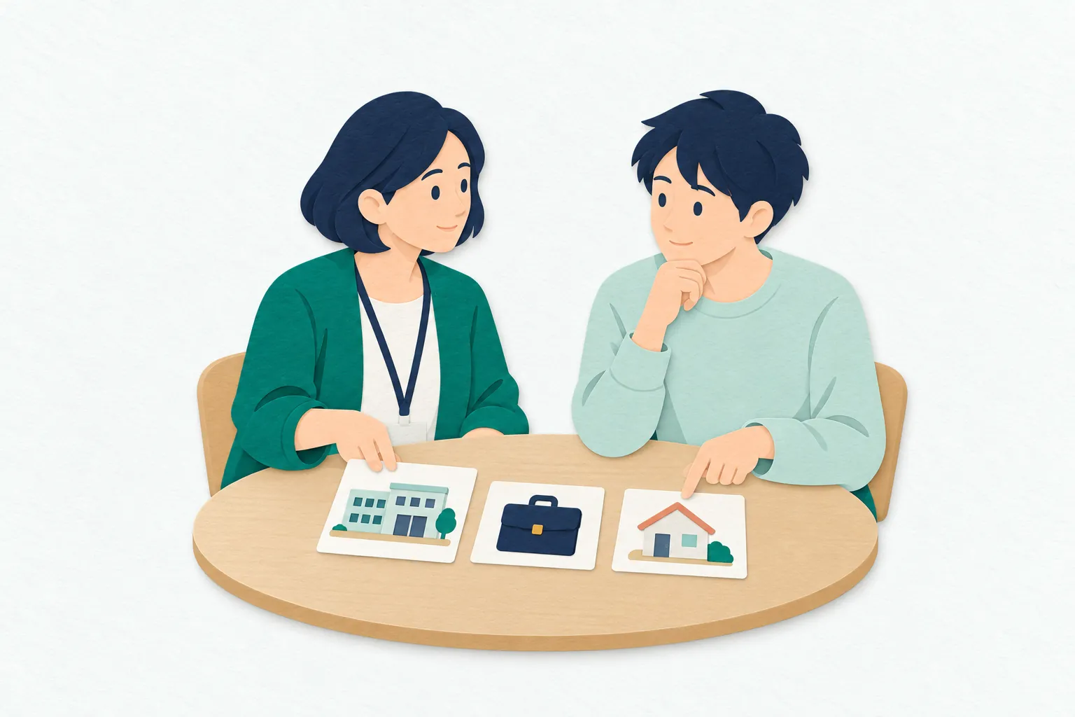 地域の相談室で、女性の精神保健福祉士が通所先や職場を表すカードを並べ、男性と地域生活や就労の希望を話し合っている。