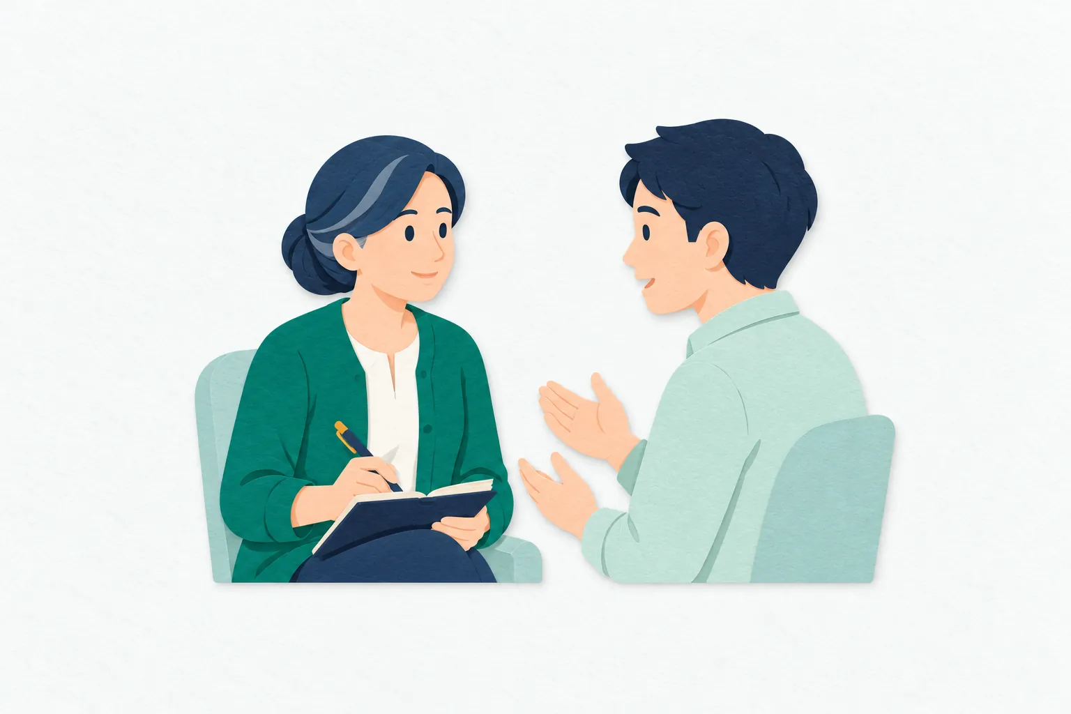 落ち着いた相談室で、女性の公認心理師が、向かいに座る男性の話に耳を傾けている。手元にノートを置き、おだやかな表情で話を聞いている。