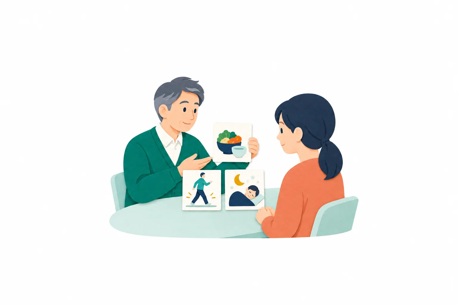 地域の健康相談で、男性の保健師が生活習慣を表す図形のカードを示し、女性の相談者と話し合っている。