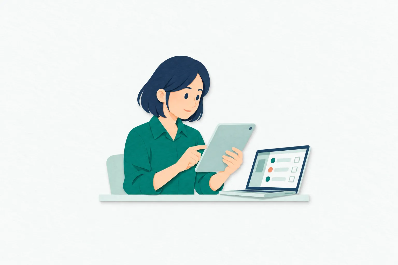 女性のテストエンジニアが、タブレットの画面を操作し、ノートパソコンに並ぶ確認項目と見比べながら動作の検証を進めている。