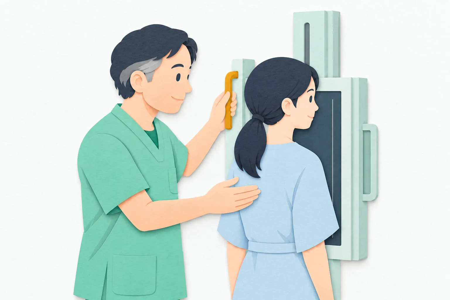 検査室で、男性の診療放射線技師が胸部撮影装置の位置を調整し、立った患者に姿勢を説明している。