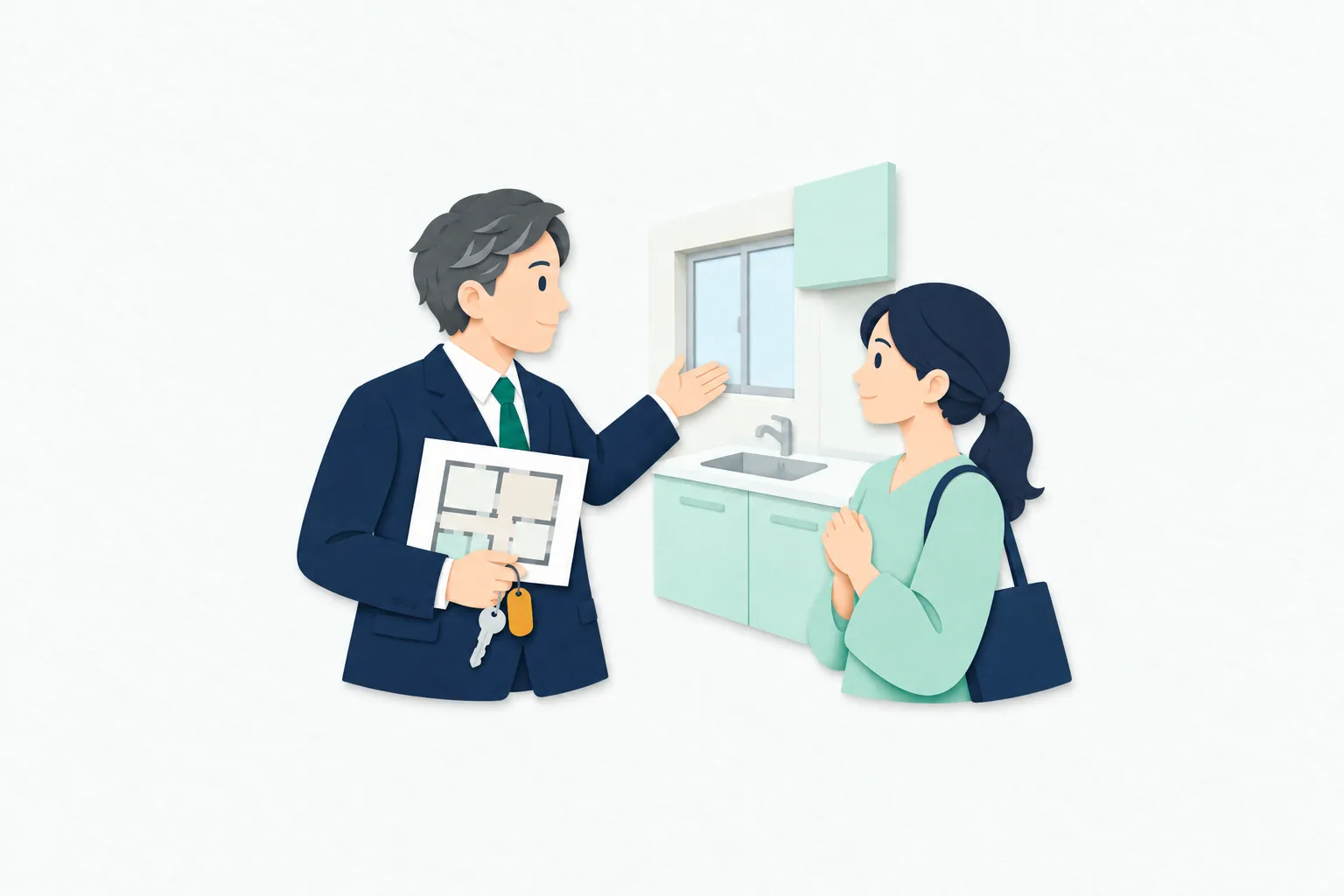 住まいの内覧で、男性の不動産仲介担当者が間取り図と鍵を持ち、女性客に室内の設備を案内している。