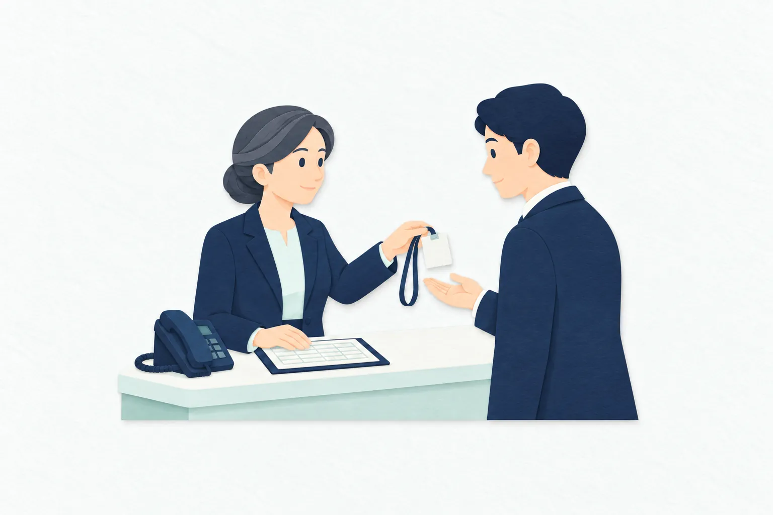 企業の受付で、女性の担当者が来訪者の予約を確認し、男性の来客へ入館証を渡している。