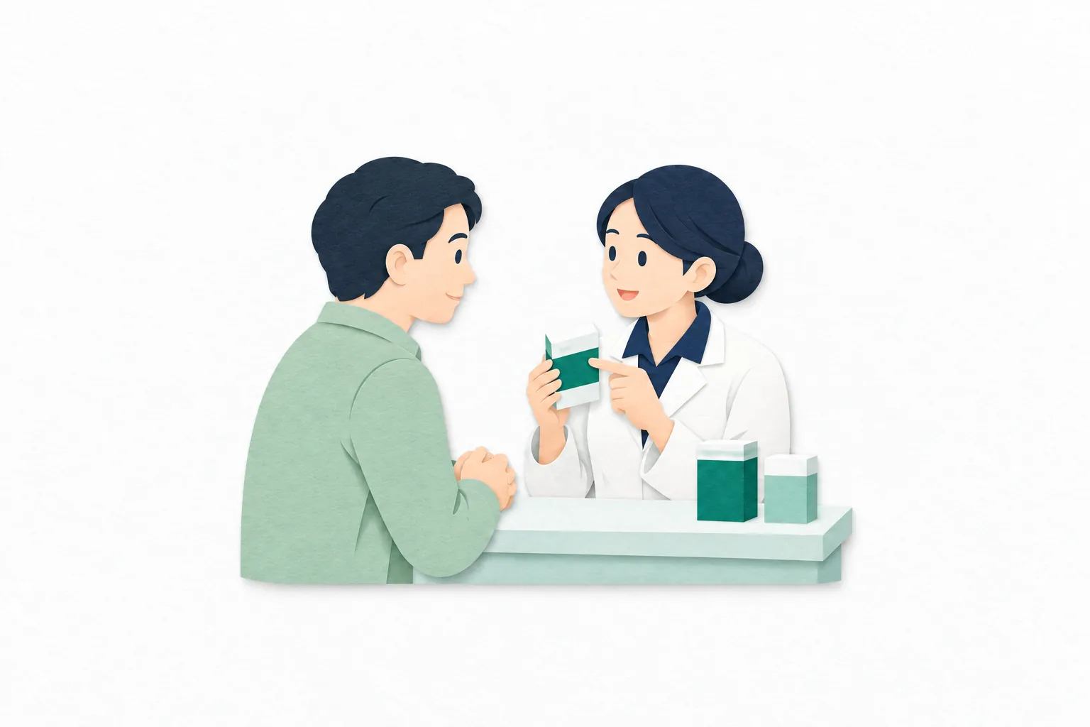 薬店で、女性の登録販売者が無地の薬の箱を示し、男性の来店者に使い方や注意点を説明している。