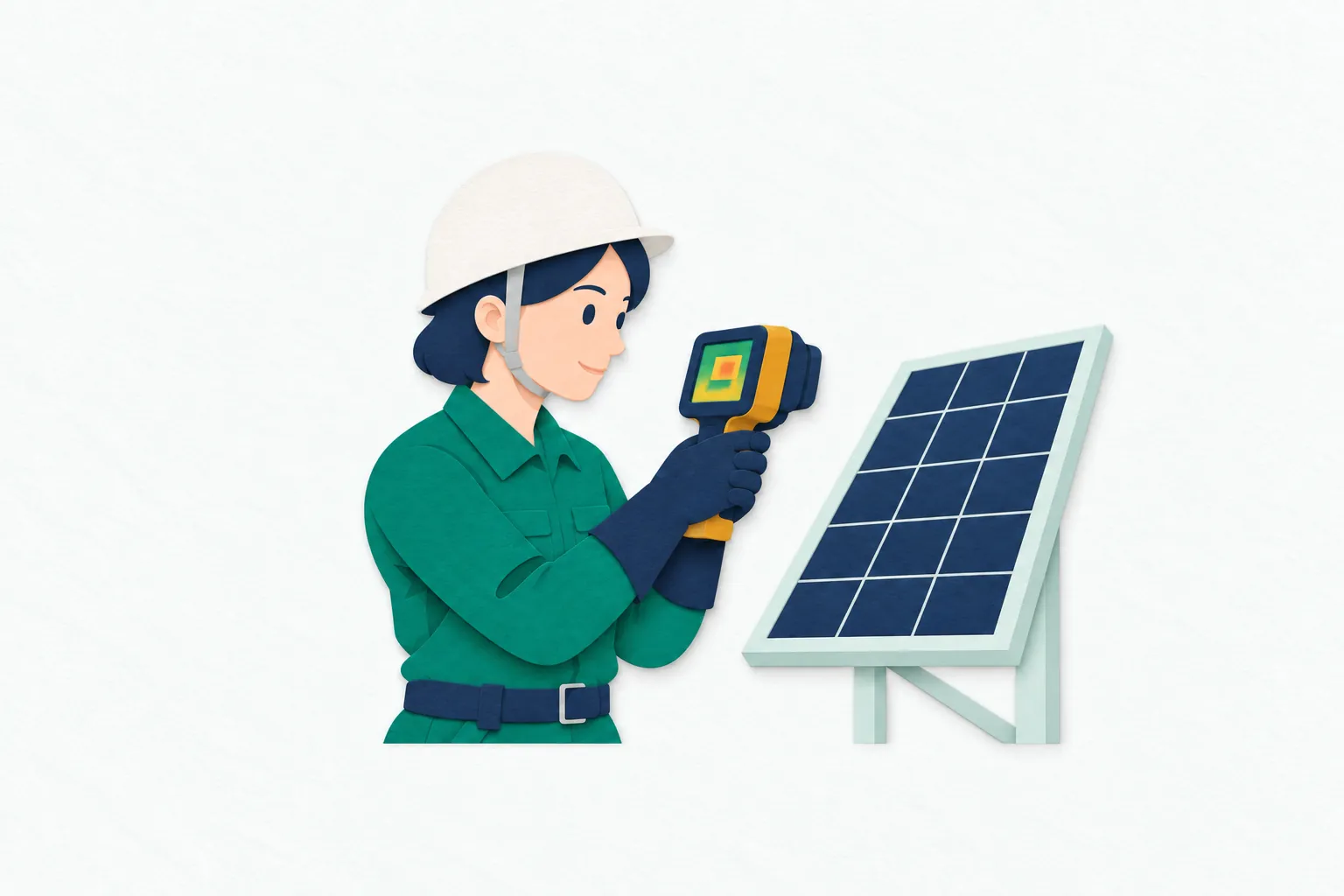 地上の太陽光発電設備で、女性の技術者が携帯型の赤外線カメラをパネルに向け、発熱の状態を点検している。
