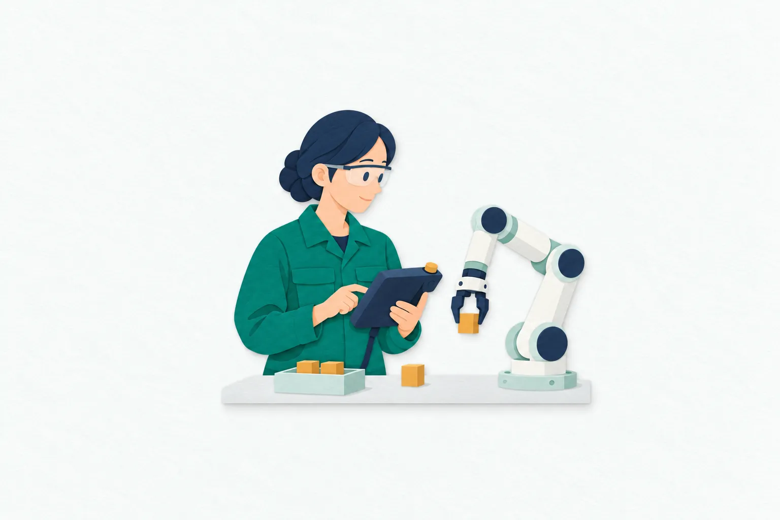 開発室で、女性のロボットエンジニアが小型ロボットアームの動きを操作端末で確認し、つかむ位置を調整している。