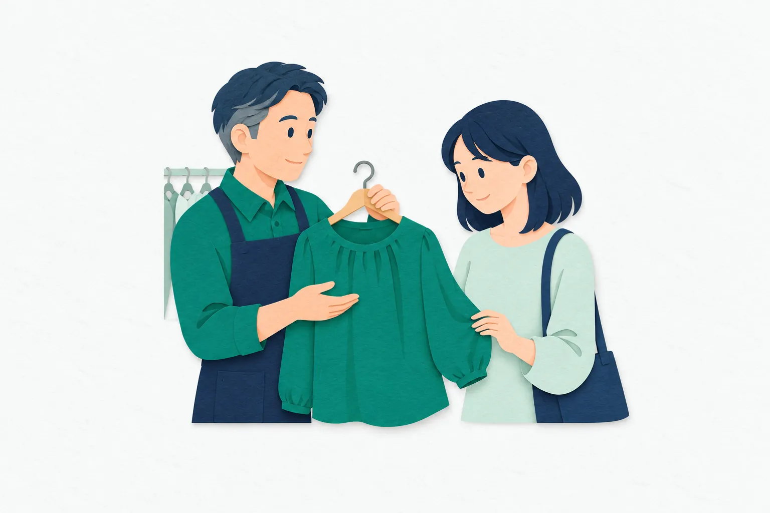 衣料品店で、男性の販売員が、ハンガーに掛けた服を女性客に見せながら説明している。女性客は服の形や色を見て、販売員と相談している。