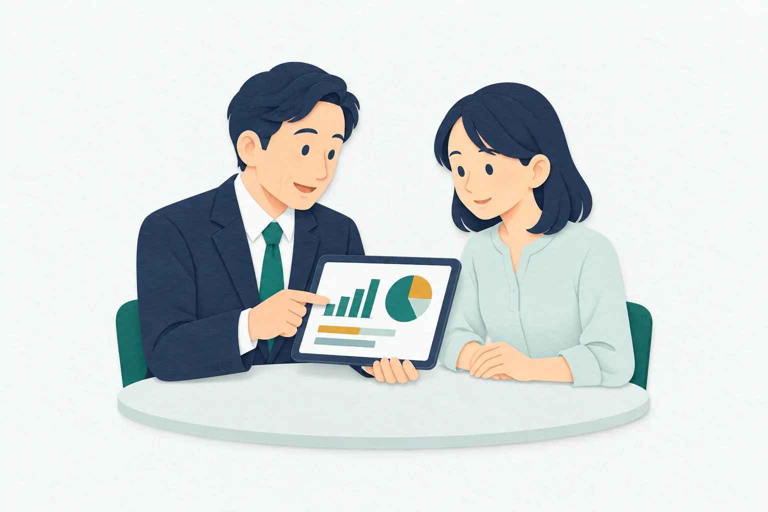 会議室で、40代の男性営業職が、向かいに座る30代の女性担当者にタブレットの資料を見せている。図形を指さしながら内容を説明している。