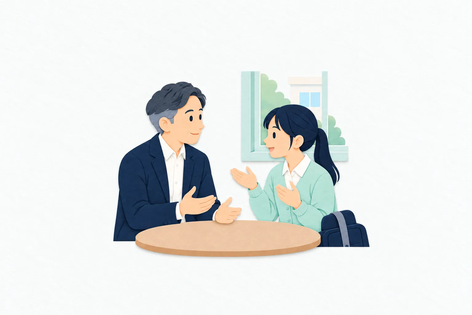 学校の相談室で、男性のスクールカウンセラーが生徒と目線を合わせ、学校生活の話に静かに耳を傾けている。