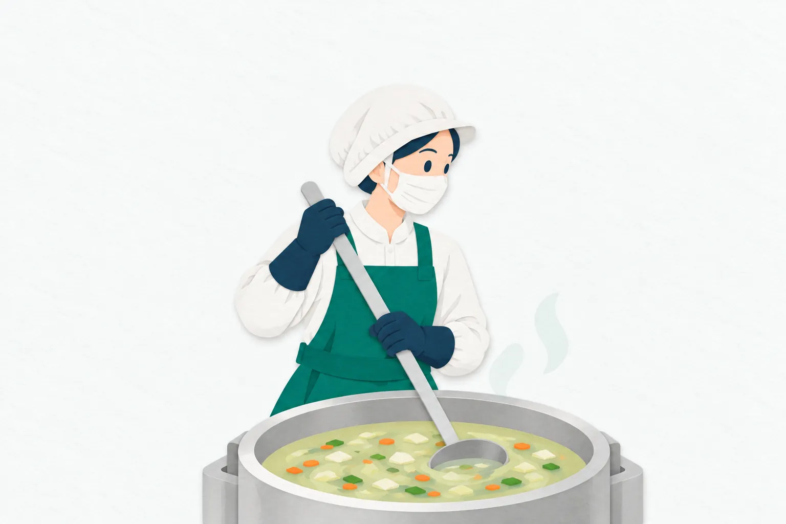 女性の給食調理員が、衛生帽とマスクを着け、大きな調理釜のスープを長い柄のおたまで丁寧にかき混ぜている。