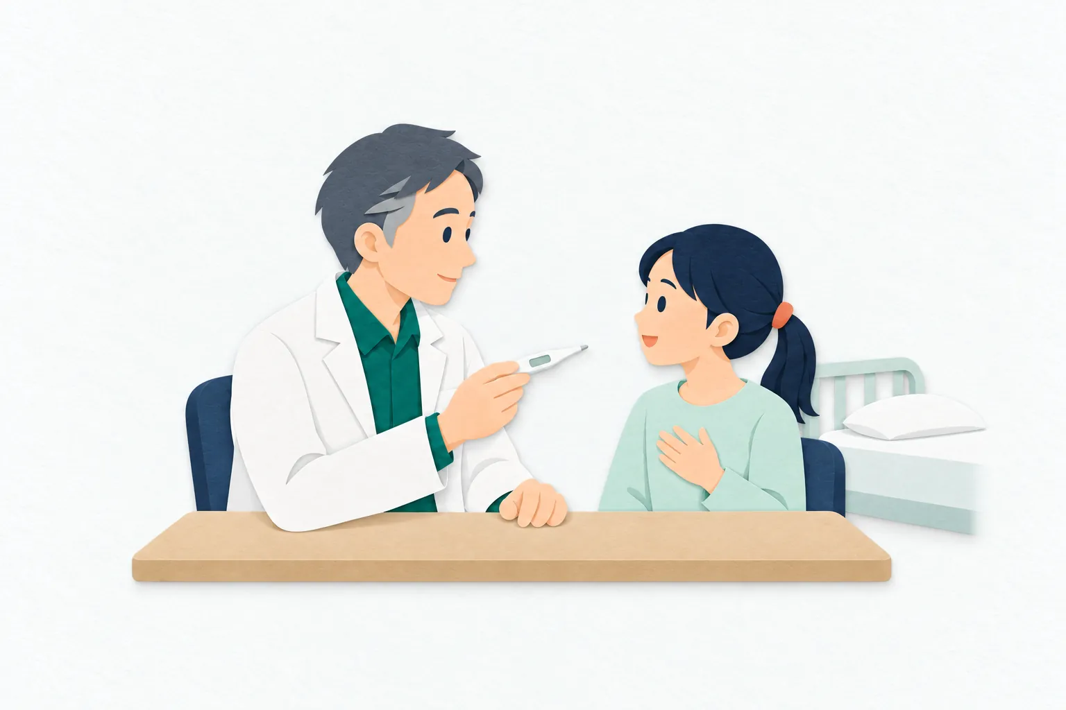 学校の保健室で、男性の養護教諭が児童と目線を合わせ、体温計を見ながら体調を穏やかに確認している。