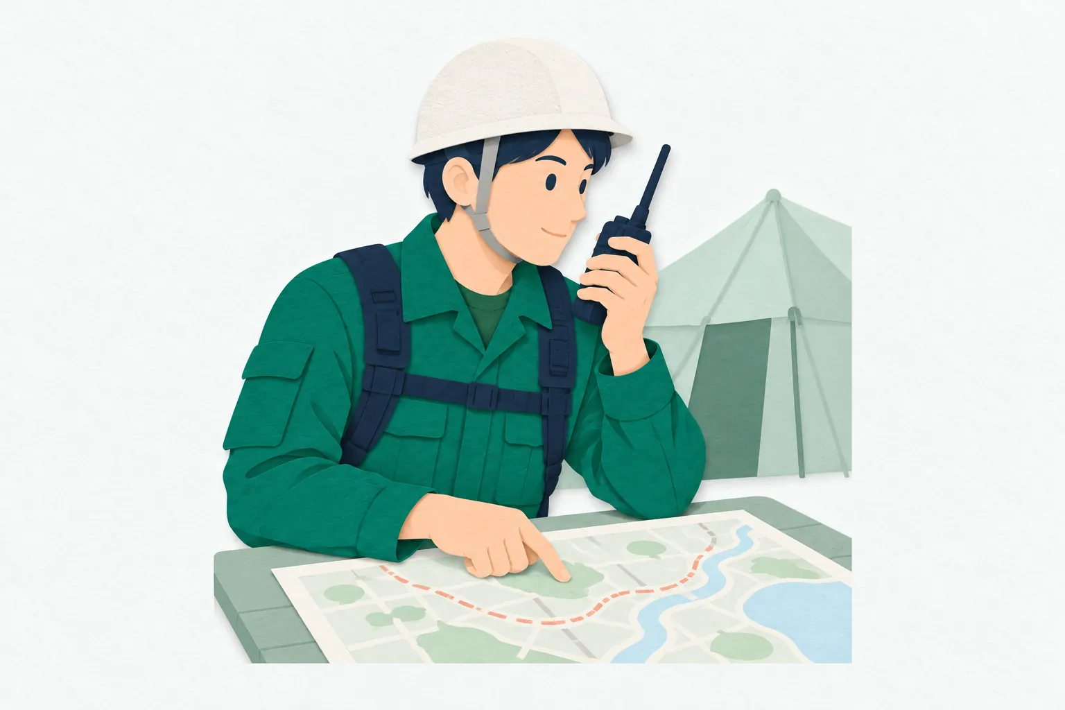 防災訓練の準備中に、男性の自衛官が、地図を机に広げ、携帯無線機を使って連絡を確認している。ヘルメットと作業服を身につけている。