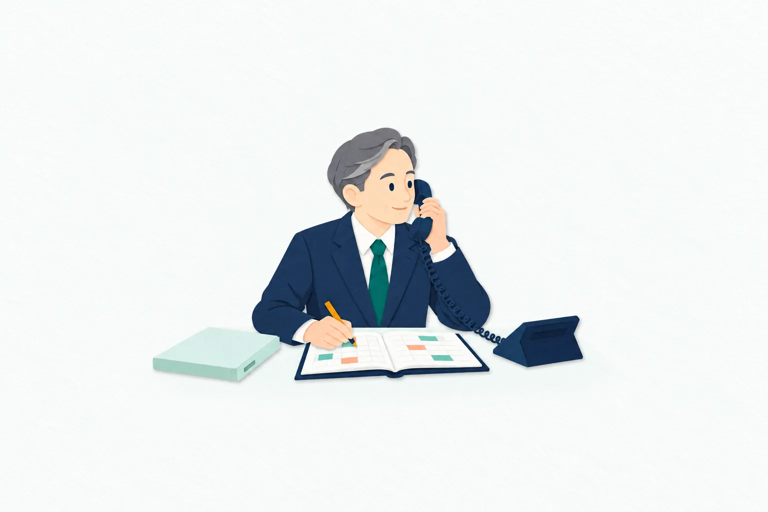 執務室で、男性の秘書が電話で予定を確認し、手元のスケジュール帳に打ち合わせの時間を記録している。