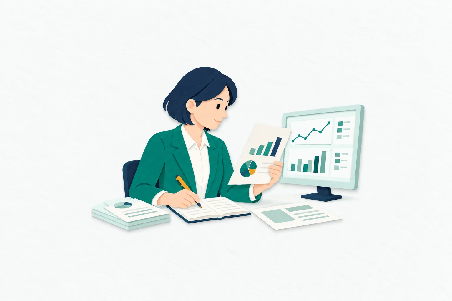 分析の席で、女性の証券アナリストが企業の業績資料と画面のグラフを見比べ、調査結果を書き留めている。
