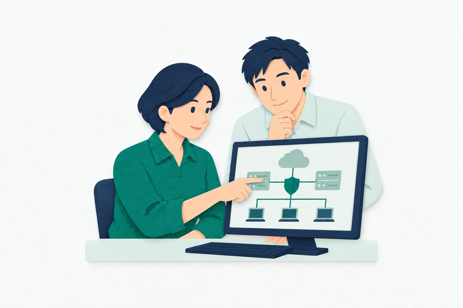 オフィスで、女性の情報セキュリティエンジニアが、モニターに表示されたネットワークの接続図を指しながら、横に座る同僚と状態を確認している。