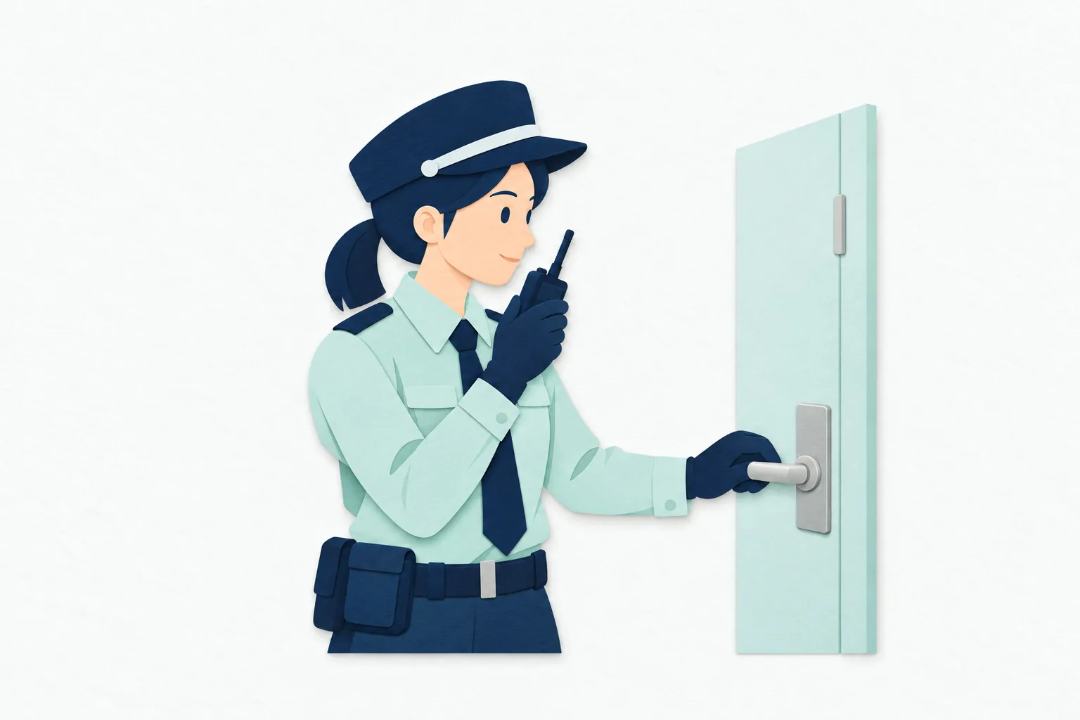 施設の巡回中に、女性の警備員が扉の施錠状態を確かめ、携帯無線機で確認結果を連絡している。
