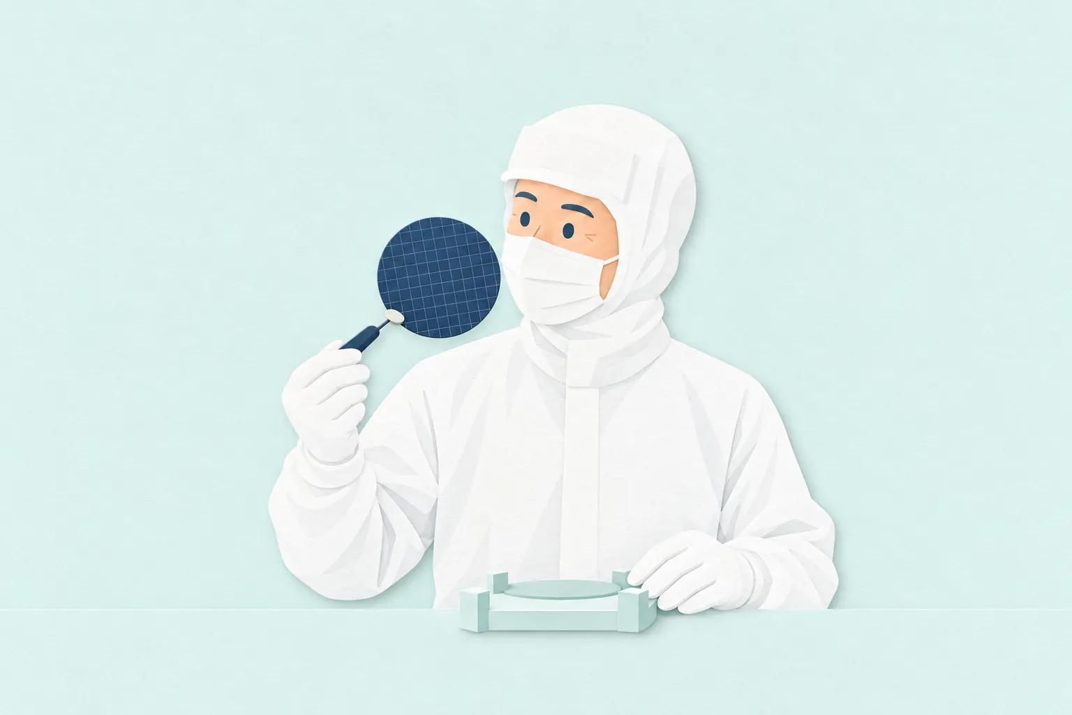 クリーンルームで、男性の半導体エンジニアが専用のホルダーでウエハーを支え、表面の状態を注意深く点検している。
