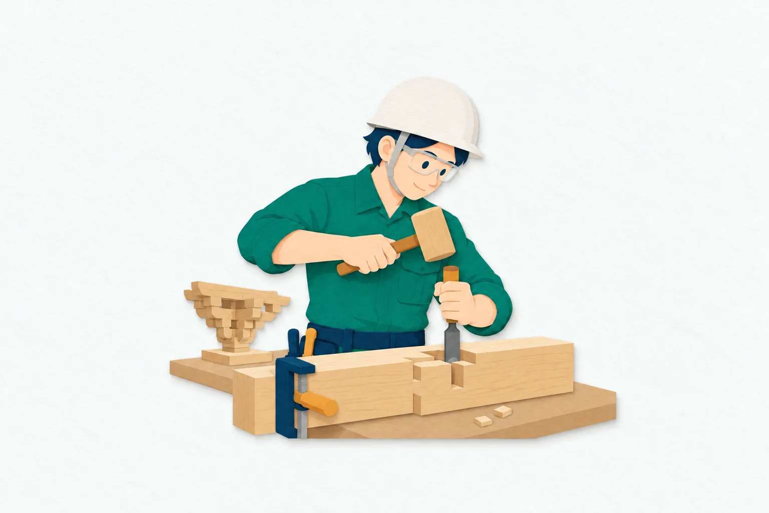 社寺の木組みをつくる工房で、男性の宮大工が太い木材の継ぎ手にのみを当て、木槌で丁寧に加工している。