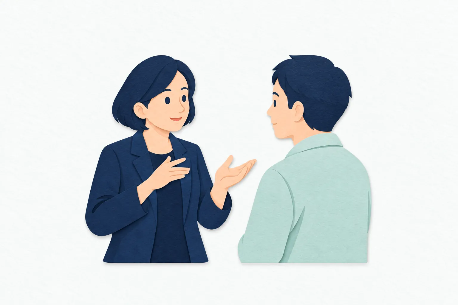 相談の場で、女性の手話通訳士が相手に顔を向け、胸の前で両手を動かしながら話の内容を伝えている。