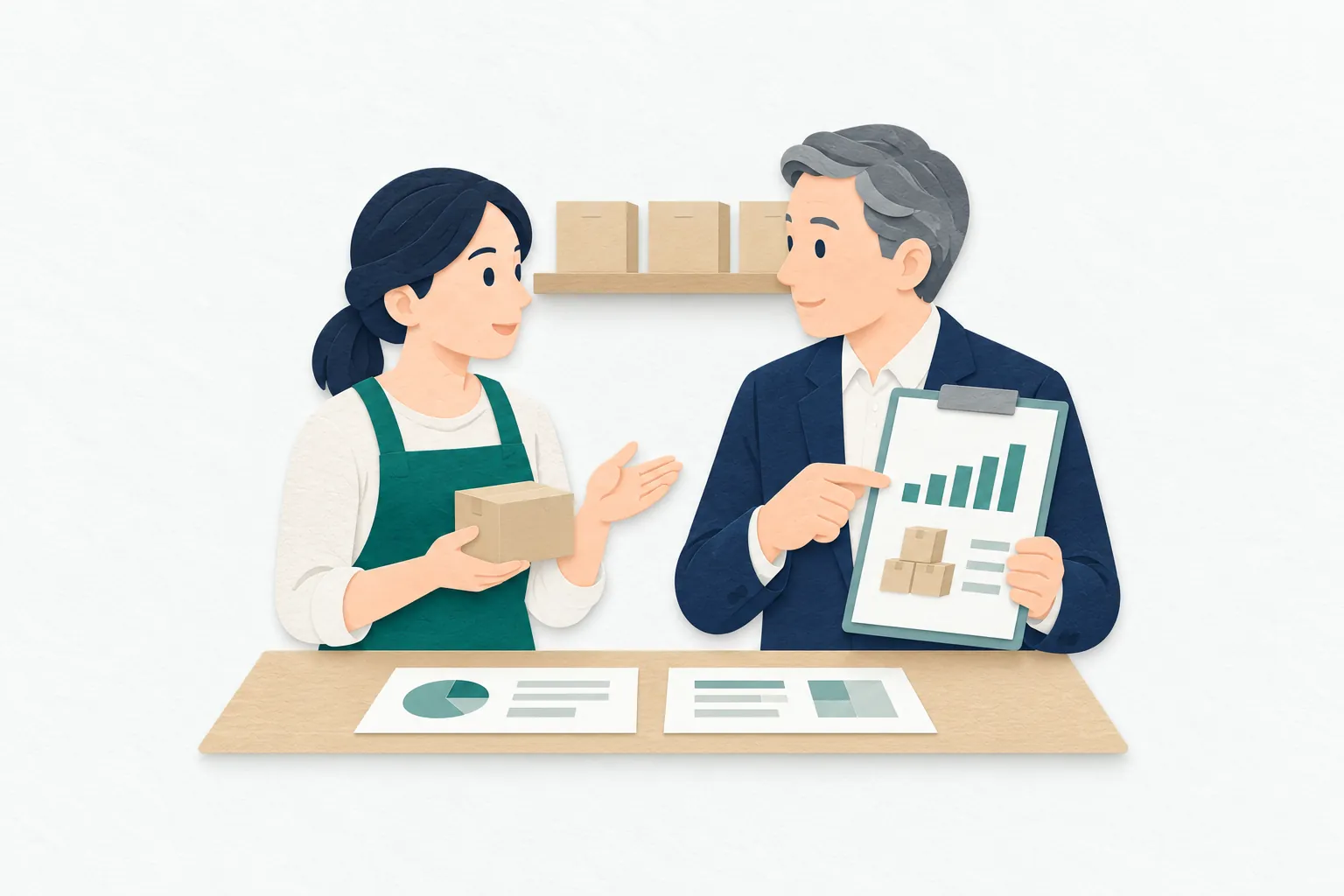 店舗の経営相談で、男性の中小企業診断士が売上や在庫の図を使い、女性の店主と改善点を整理している。
