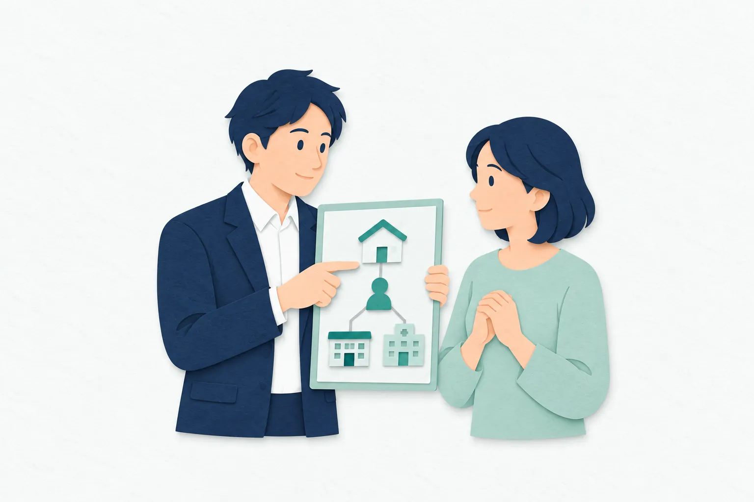 福祉相談の窓口で、男性の社会福祉士が住まいや支援先を表す図を示し、女性の相談者と利用できる支援を整理している。