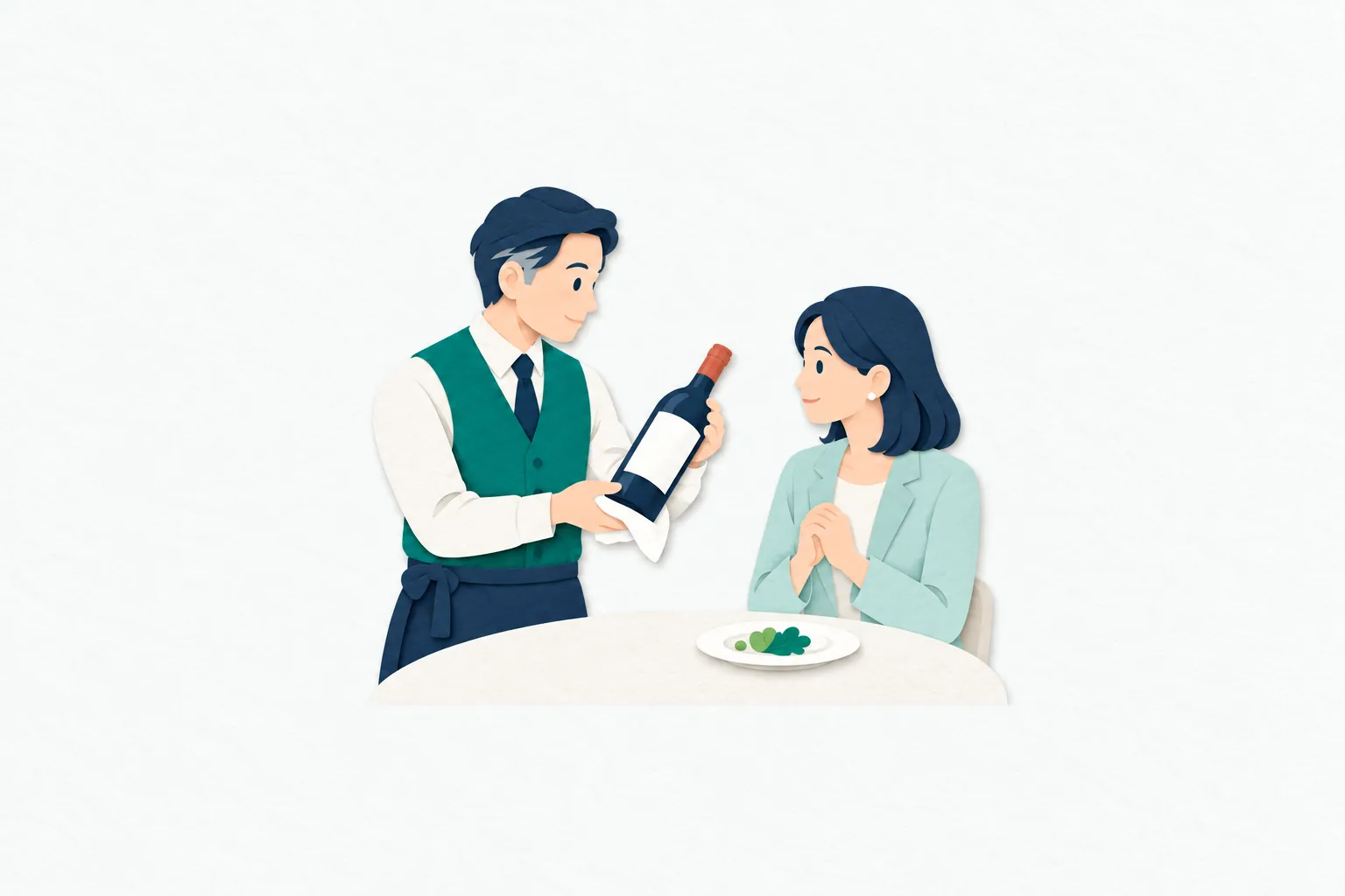 男性のソムリエが、レストランで無地のワインボトルをお客さんに示し、料理との組み合わせについて穏やかに説明している。