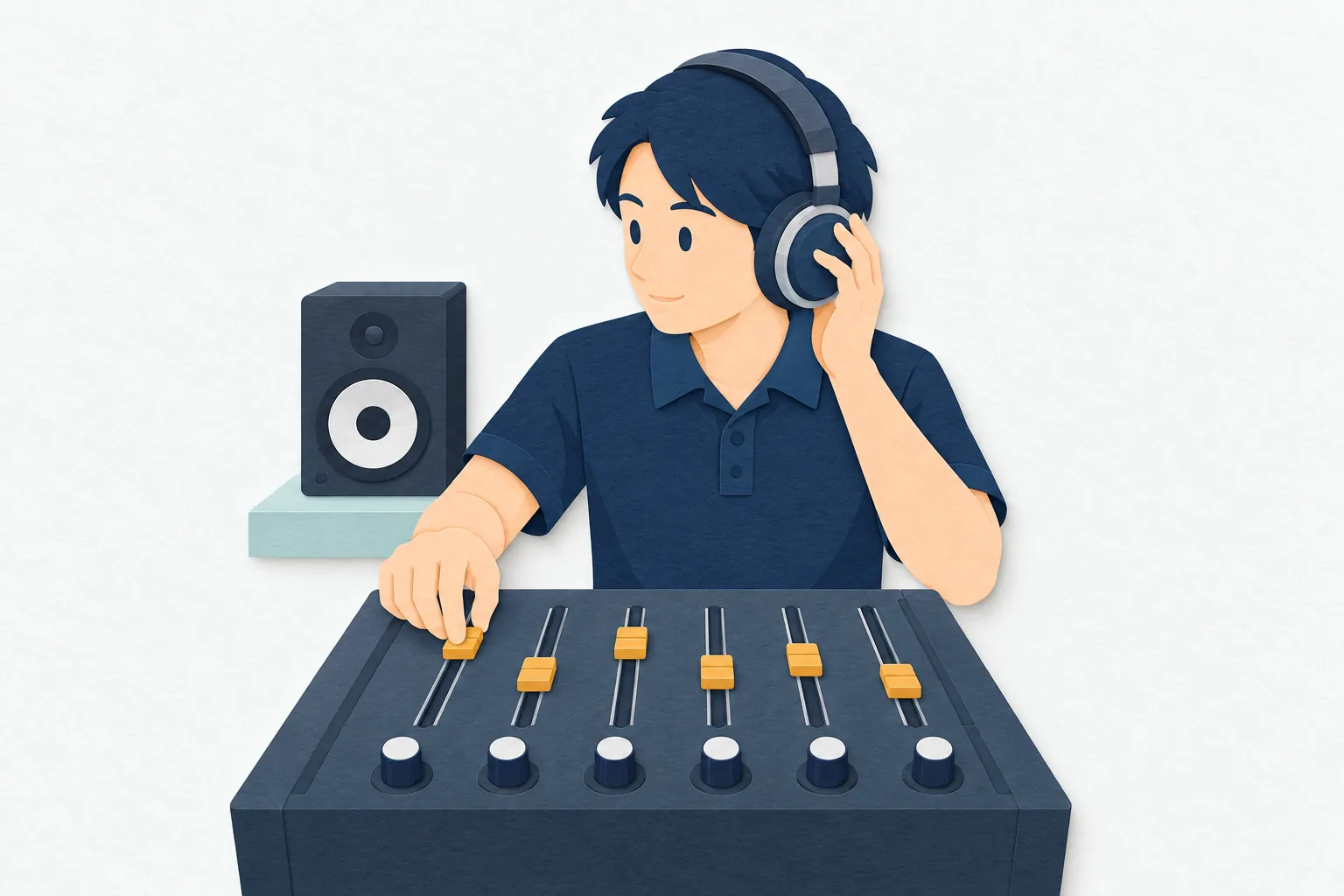 録音スタジオで、男性の音響エンジニアがヘッドホンで音を聞きながら、調整卓のフェーダーを動かして音量のバランスを整えている。